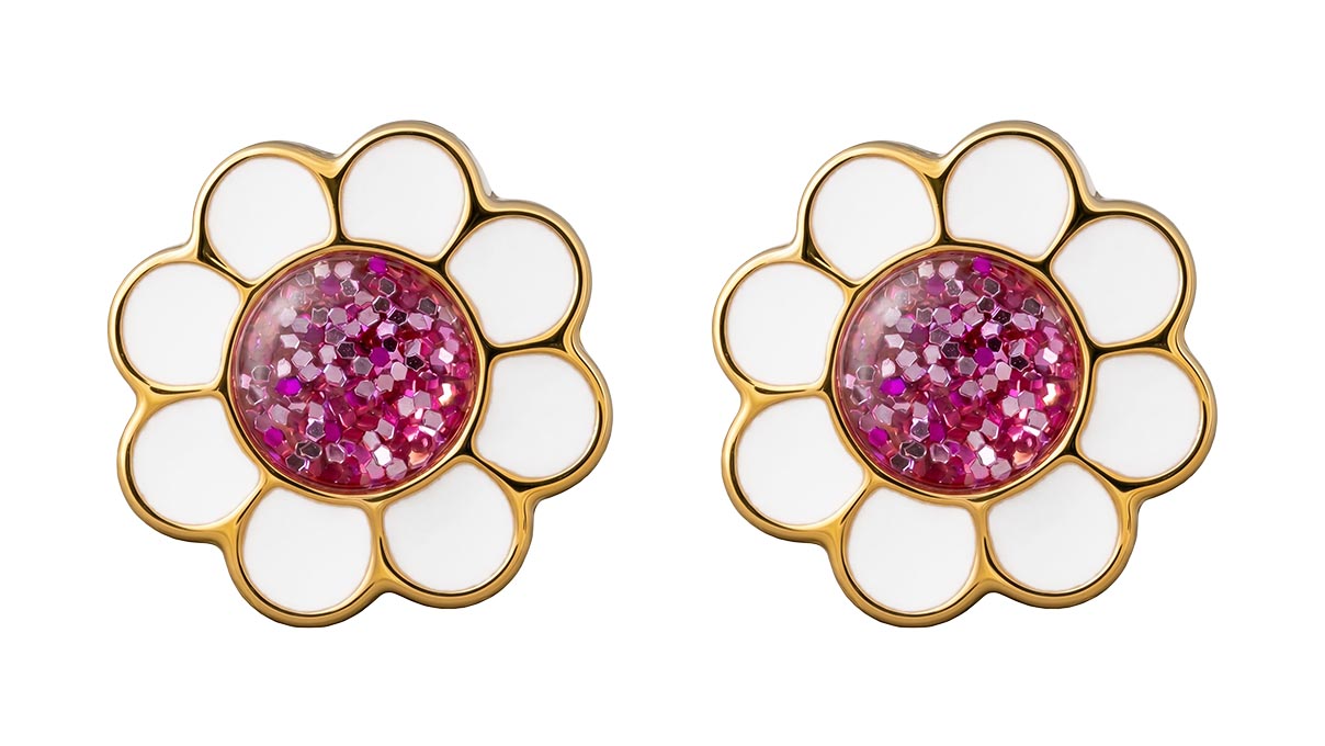 QPP puces d'oreilles A50, fleur, émail rose, inox plaqué or jaune, 1 paire