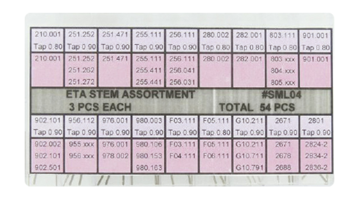 Assortment of setting stems ETA, 3 pieces per type, 54 pieces