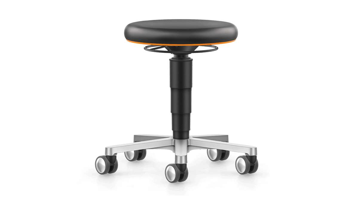 Bimos Stool 9463, seat height 45–65 cm, black Magic faux leather, orange color ring, black frame, polished
aluminum base, soft casters for hard floors
