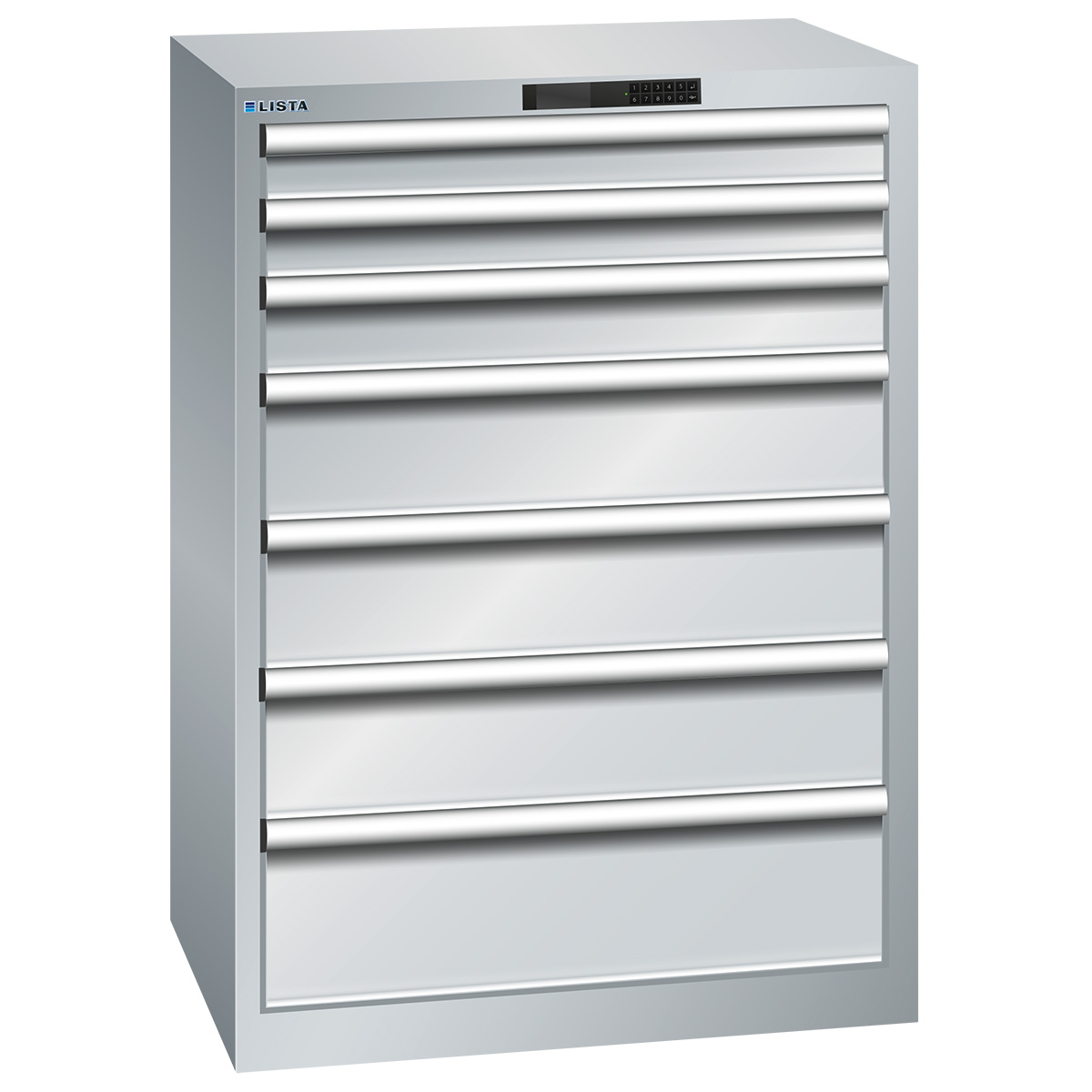 Lista drawer cabinet 36 x 27 E, 7 drawers, light gray, Code Lock, height 1000 mm