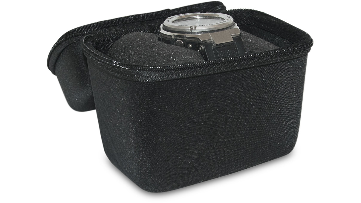 Watch Box hard case with viewing window, textile cover, matt shiny, black