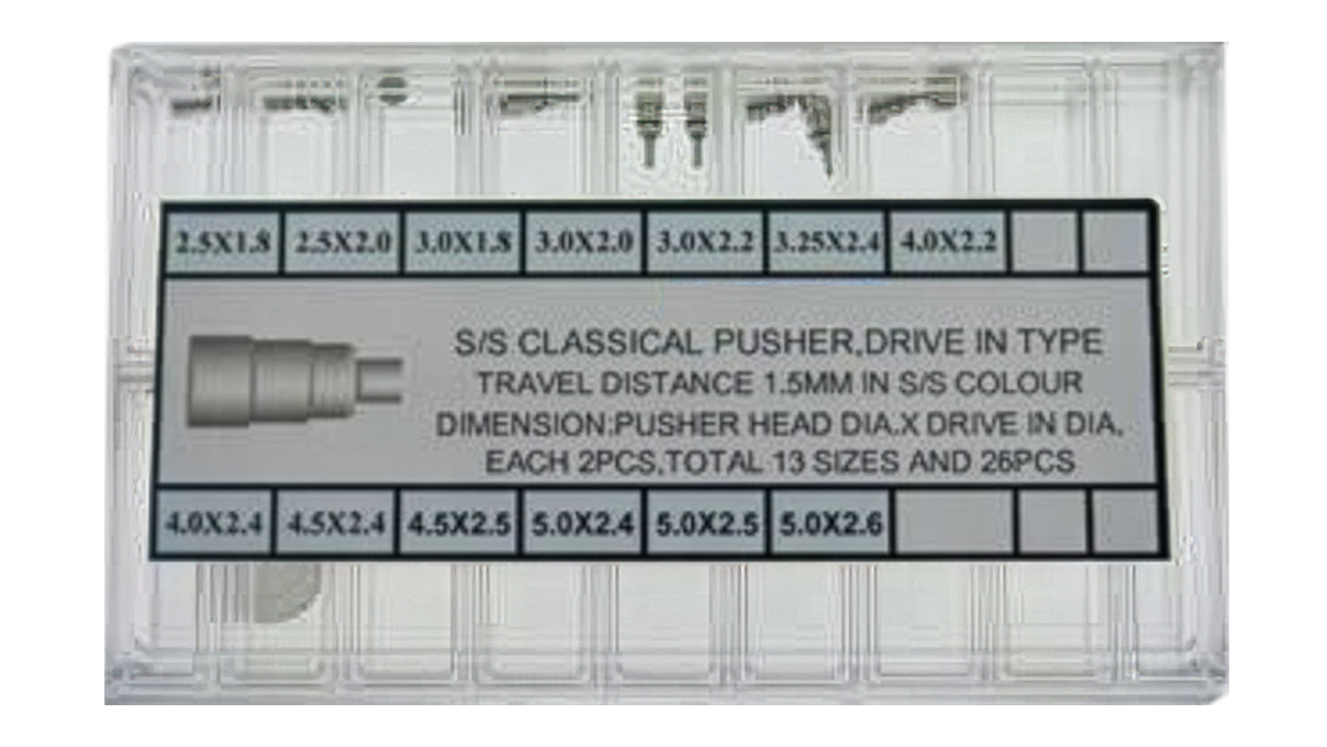Assortment of 14 chronograph pushers, press-fit type, stainless steel, 13 sizes, 2 of each (head
Ø 2,5 - 5 mm, tube Ø 1,8 - 2,6 mm)