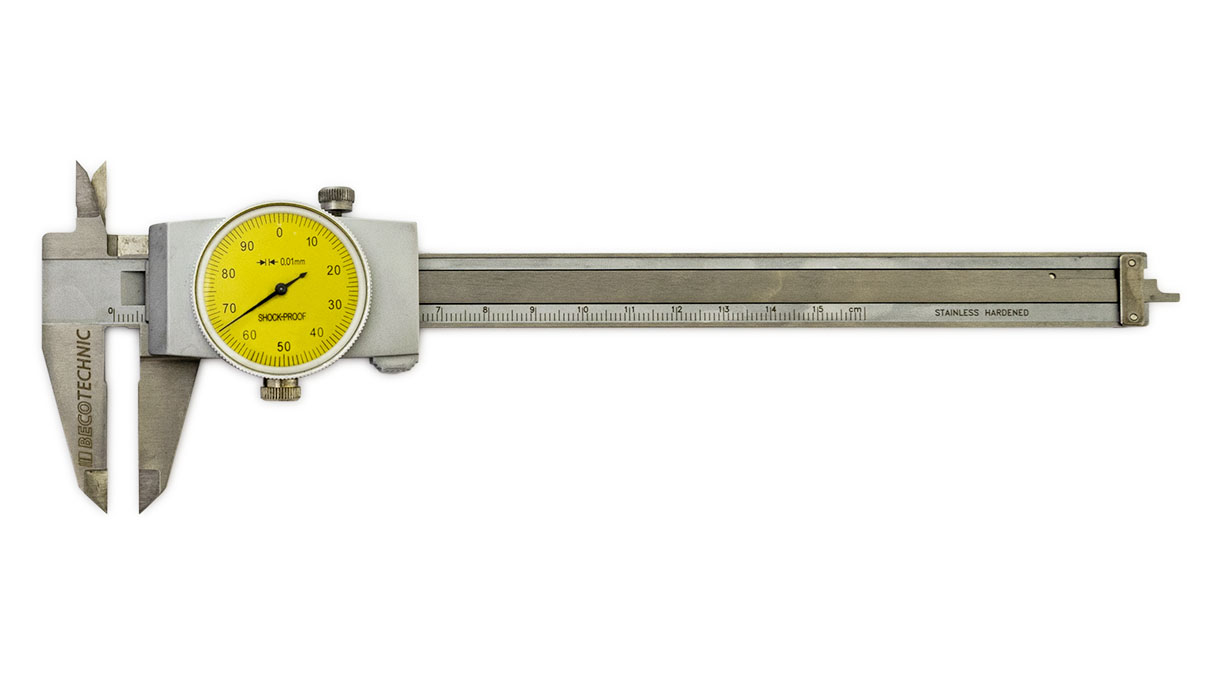 Schieblehre mit Feststellschraube, Edelstahl, Messbereich 150 mm, Uhranzeige 0,01 mm