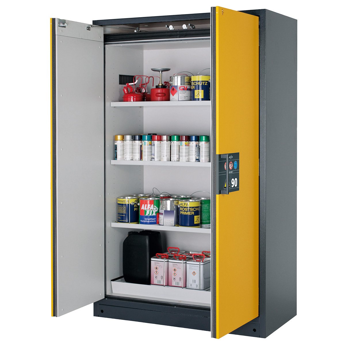 Safety storage cabinet, width 119,30 cm, 3 shelfs, perforated insert and bottom sump