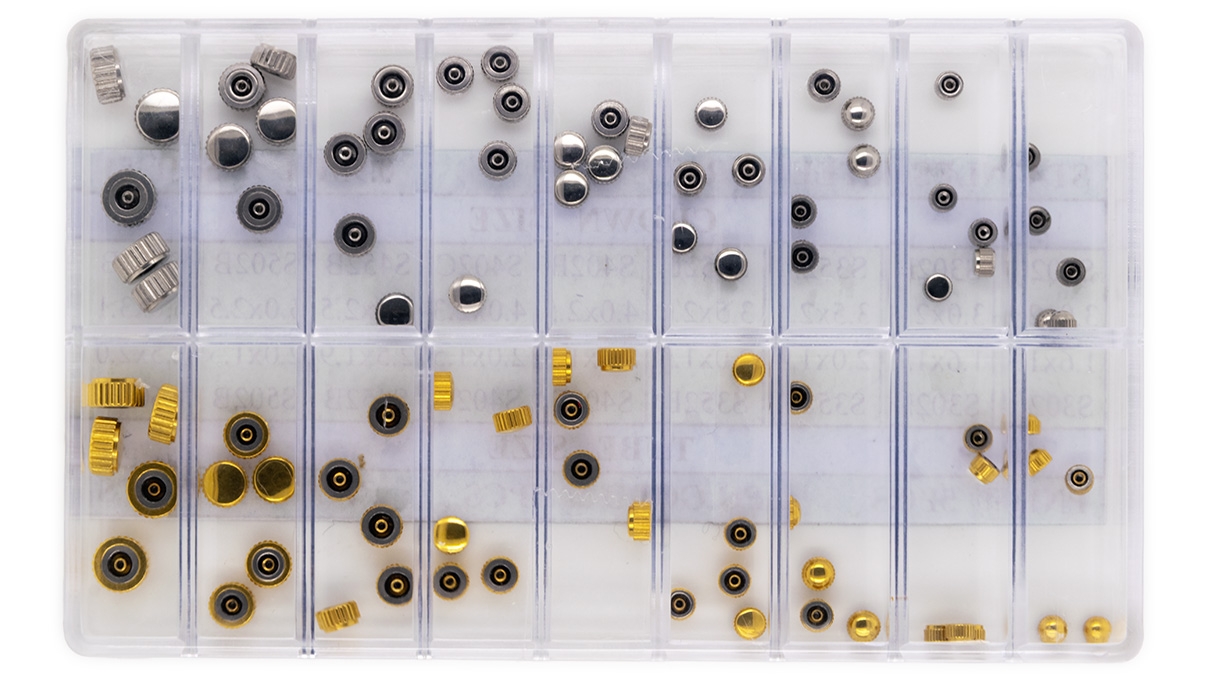 Assortiment 24 WD-kronen roestvrij PNP & geel GP GW 0,9 mm