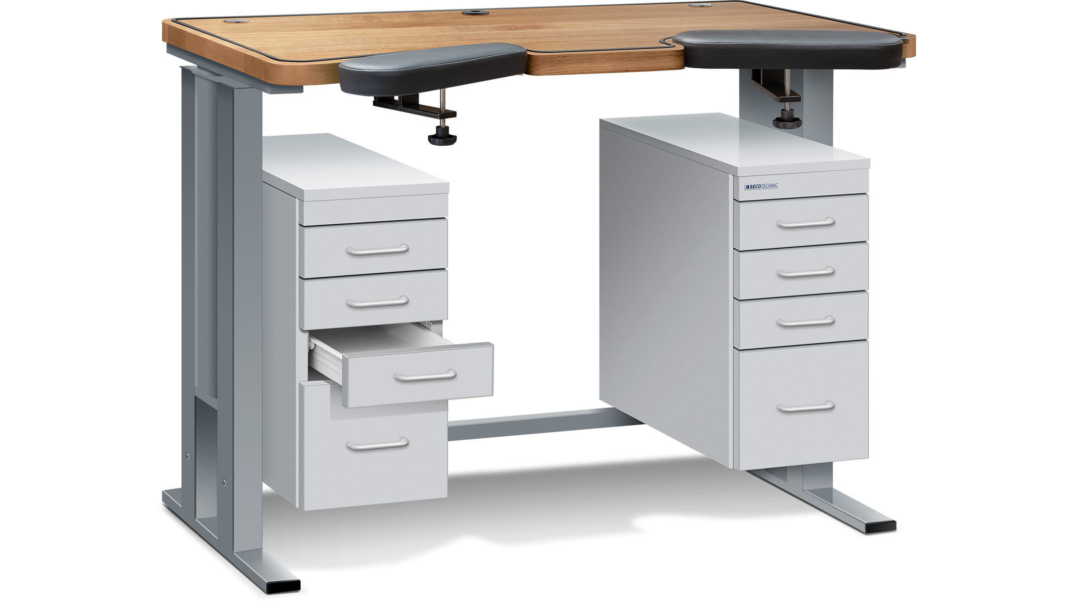 Workbench Ergolift Evolution, bench top oak, 120 x 60 x 4 cm, drawers silk gray