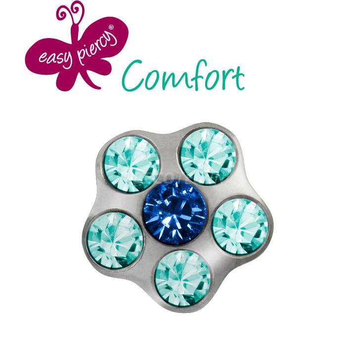 1 Pair Easy Piercy Comfort ear studs Flower Ø 5,0 mm, white, Sapphire/Aquamarine imitation