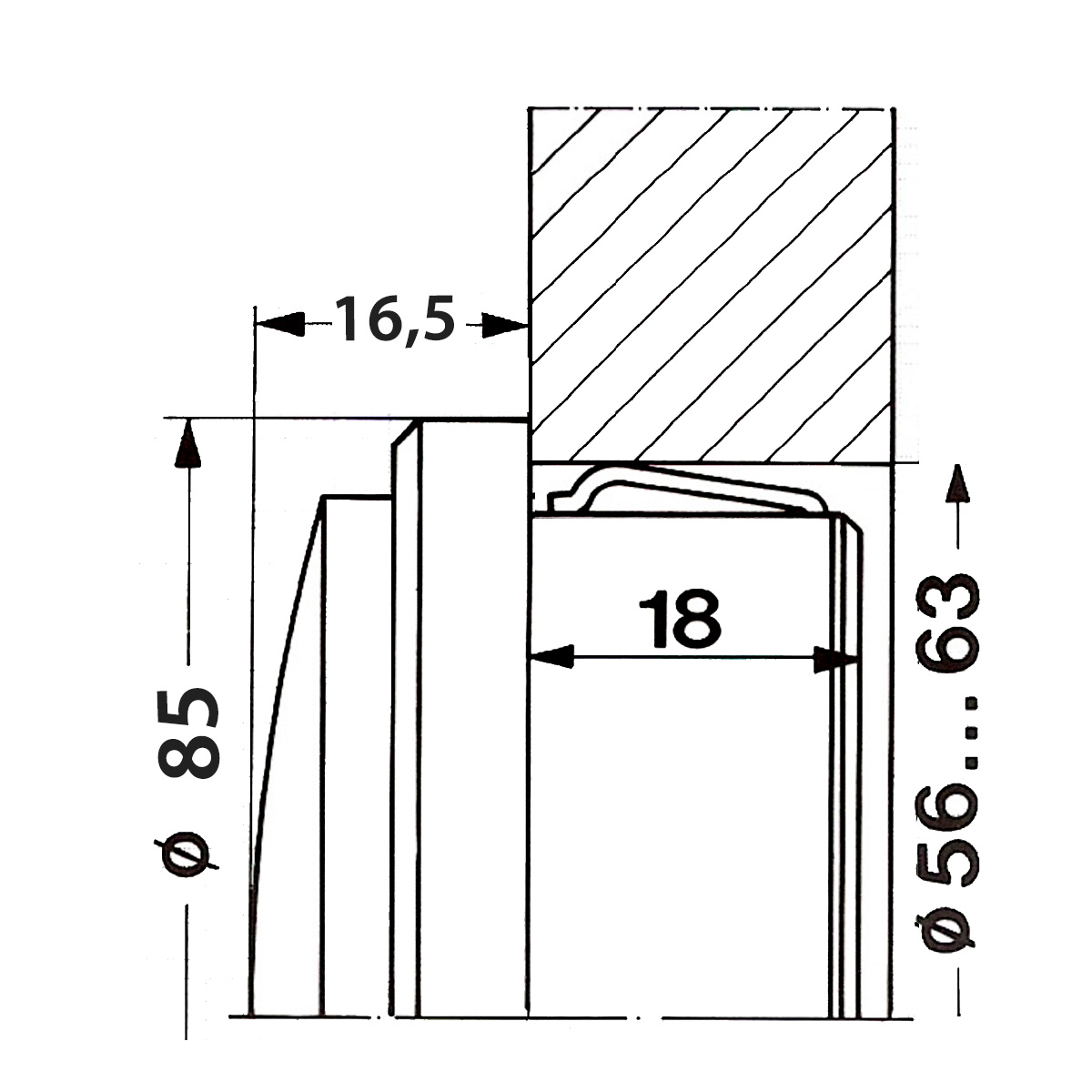 Einsteckwerk, Quartz römisch  85 mm, Einbaumaß 56-63 x 18 mm