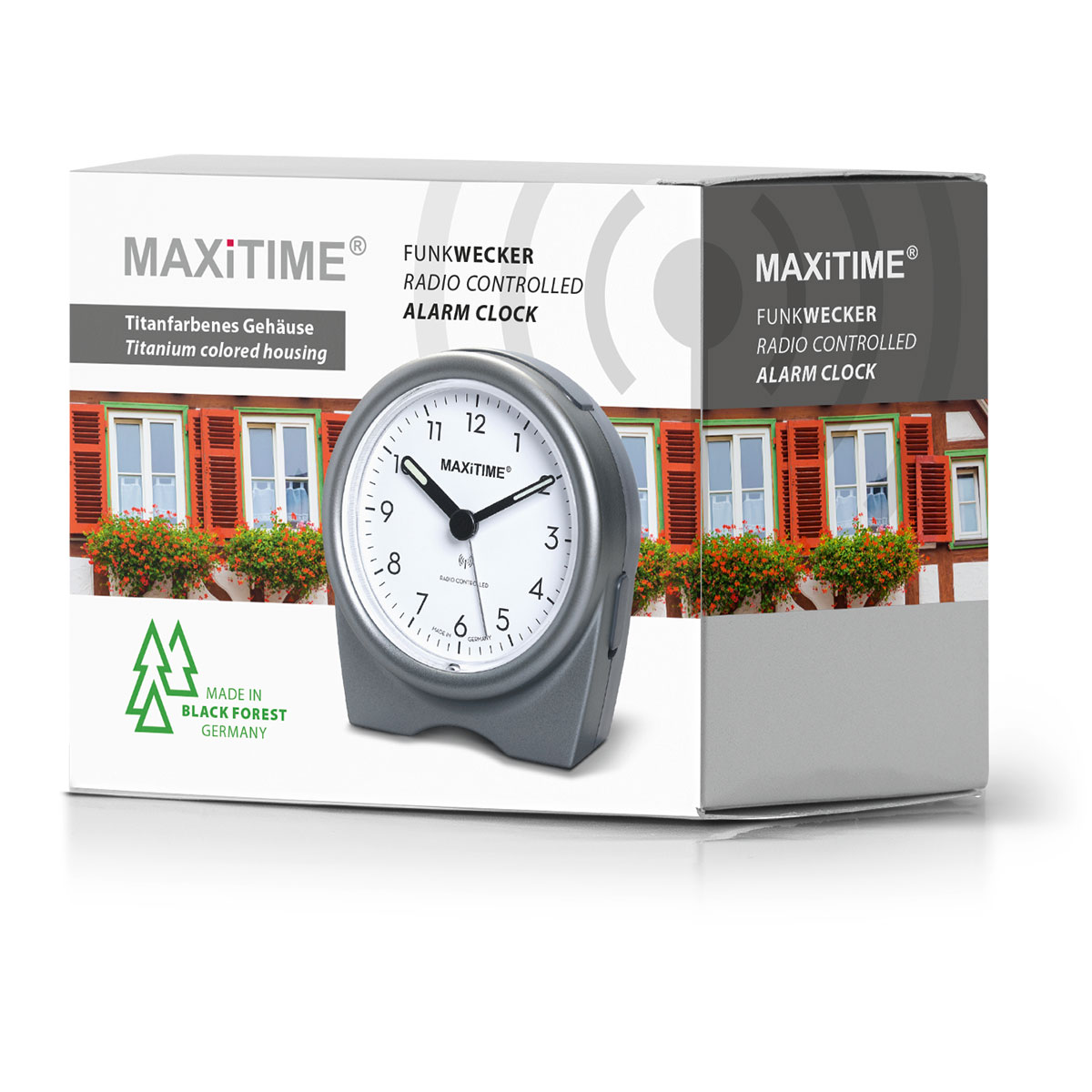 Maxitime radio controlled alarm clock with snooze, crescendo alarm, light, 2 hands, titan housing with stand