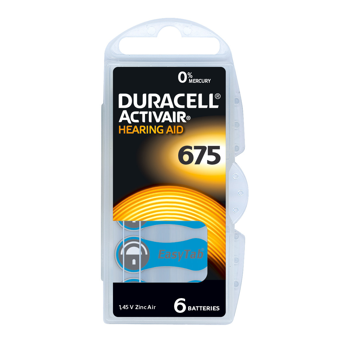Duracell Activair Pack 6 Hearing aid batteries Zinc Air No. 675, blister