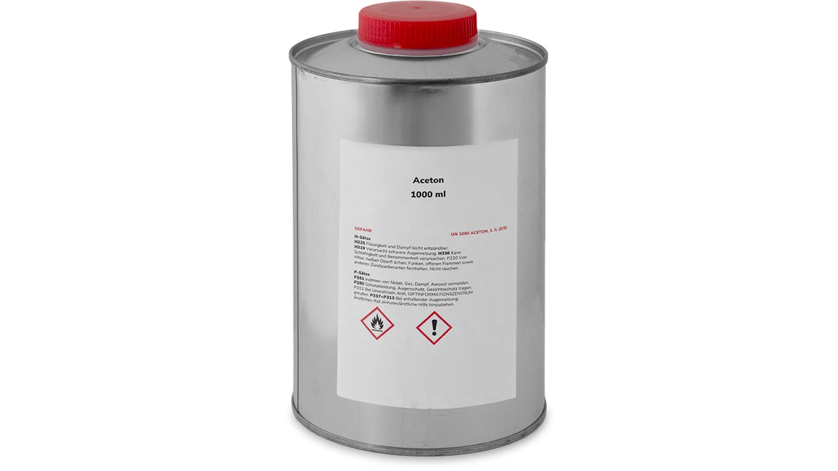 Aceton, Flasche à 1 Liter, entfernt Kitt, Öl und Gummi von Metallen