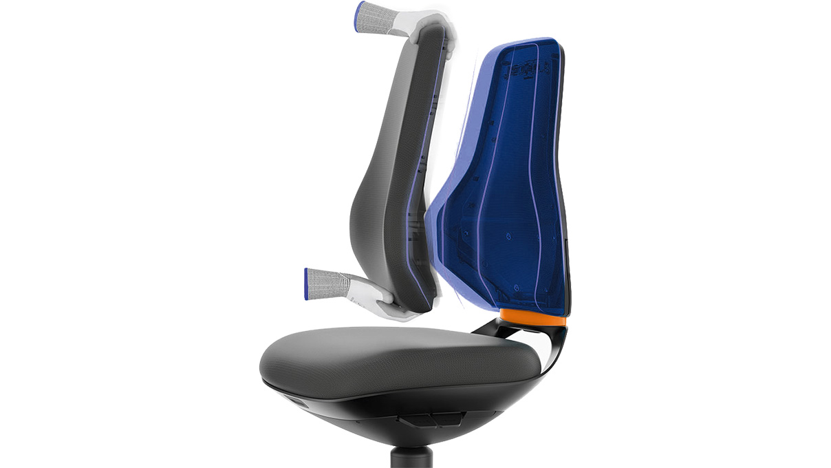 Bimos Texon hightech werkstoel voor cleanrooms, ESD-beschermd, met wielen, zithoogte 45 - 62 cm,
zonder zitkussen, Auto-Motion technologie, frame zwart, Flex-Back oranje