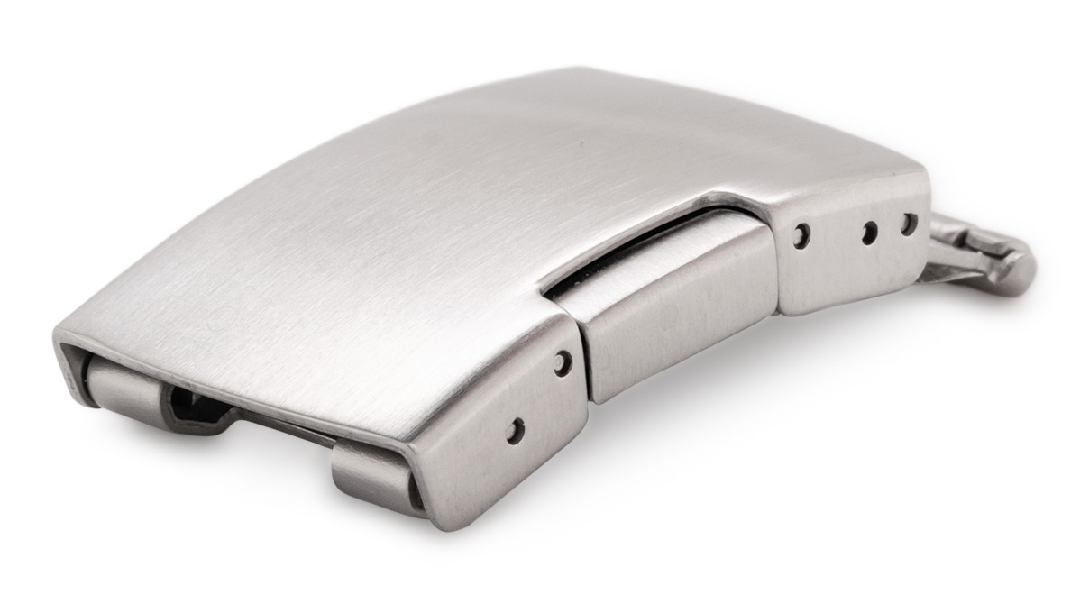 Faltschließe für Metallbänder, Anstoß/Breite: 10 mm, 20 mm, 1 Drücker, Satiniert, Silberfarben, Edelstahl