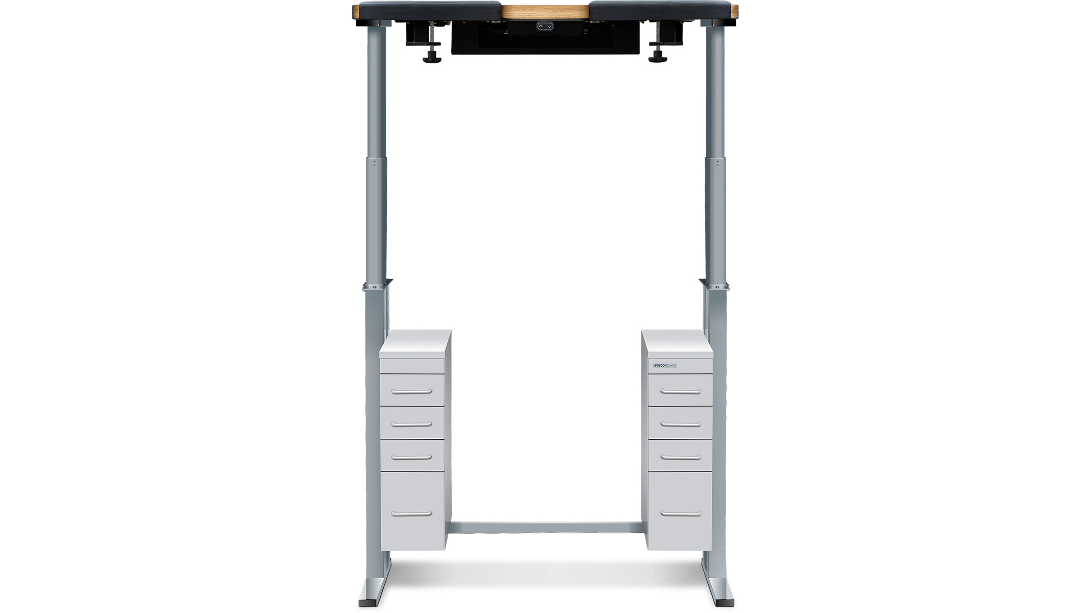 Werktisch Ergolift Evolution, Arbeitsplatte Eiche, 100 x 60 x 4 cm, Schubladen seidengrau