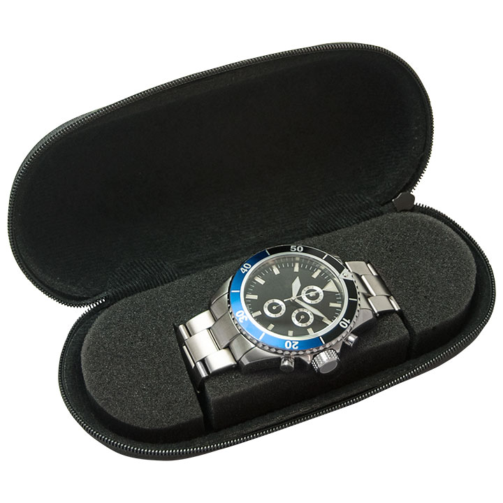 Watch Box horloge etui, hardcase, textielhoes, matglanzend, zwart, bedrukbaar met uw logo