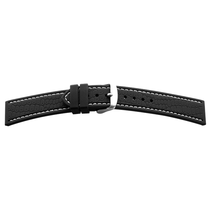 Horlogeband, siliconen, croco-look, zwart/wit, breedte 22 mm, lug 20 mm, lengte 120 + 80 mm