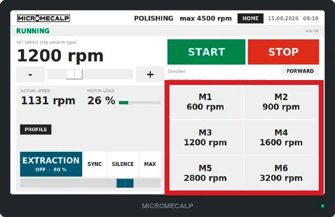 XPRO Touch – bedieningsscherm met snelheidsgeheugen